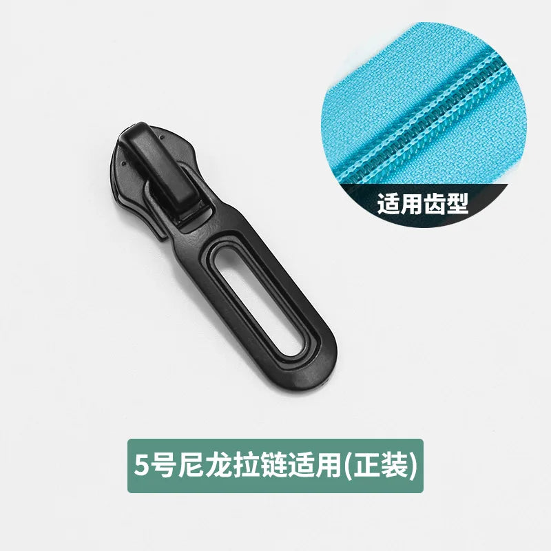 A black plastic zipper slider is shown next to a close-up of a blue fabric zipper for replacement.