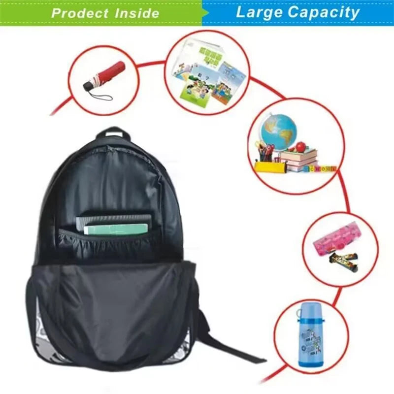 Black kids multi-compartment backpack shown with various internal features and accessories.