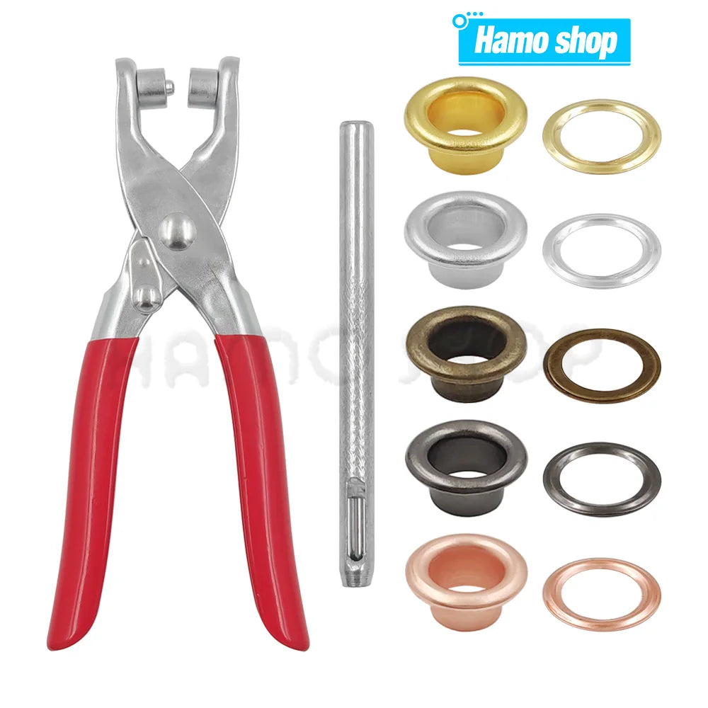 A set of precision eyelet punch and grommet tools including pliers, punches, and various rings.