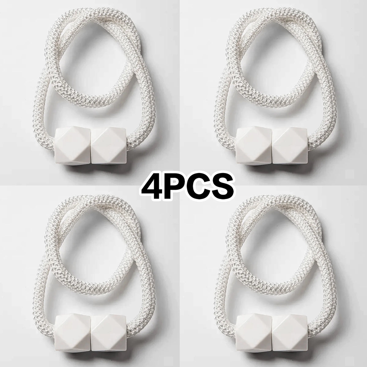 Four white magnetic curtain tiebacks made of braided cord shown in various angles