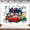 A vibrant cartoon racing theme backdrop featuring characters like cars and planes against a dark background.