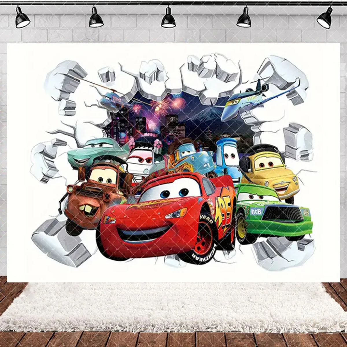 A vibrant cartoon racing theme backdrop featuring characters like cars and planes against a dark background.