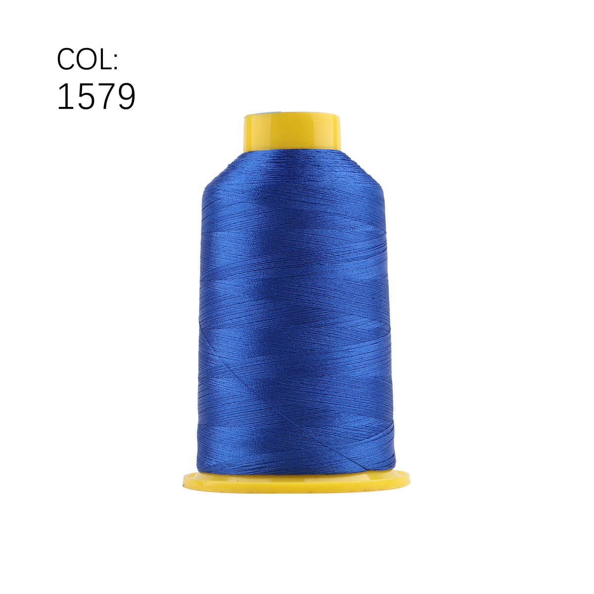 A spool of bright blue high tenacity polyester embroidery thread with a yellow core.