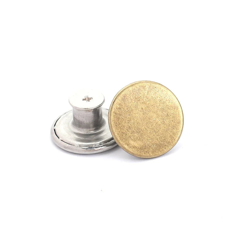 A round, brass-colored metal button with a flat top and a cylindrical post.