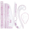 A set of precision sewing rulers featuring French curve templates and various measuring scales.
