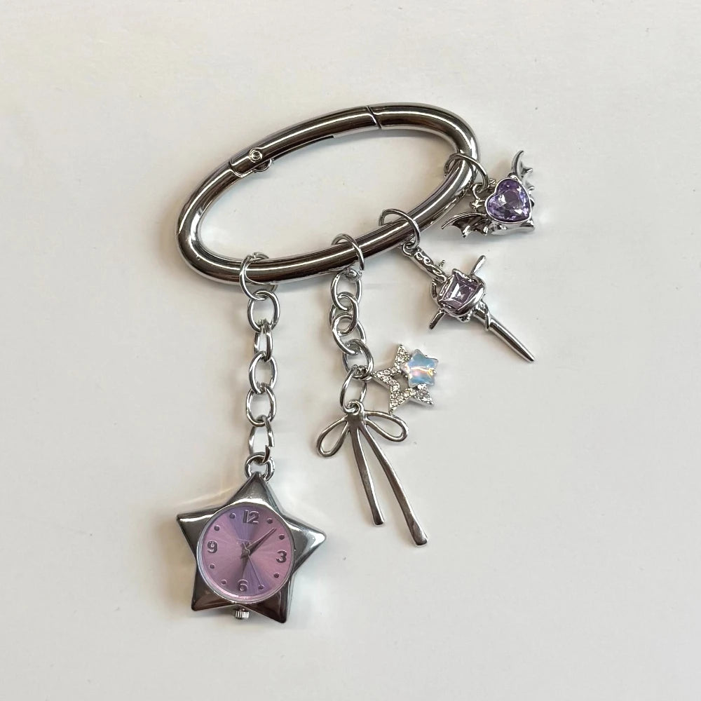Silver adjustable necklace featuring a star-shaped pocket watch charm with a purple face and gemstone accents.