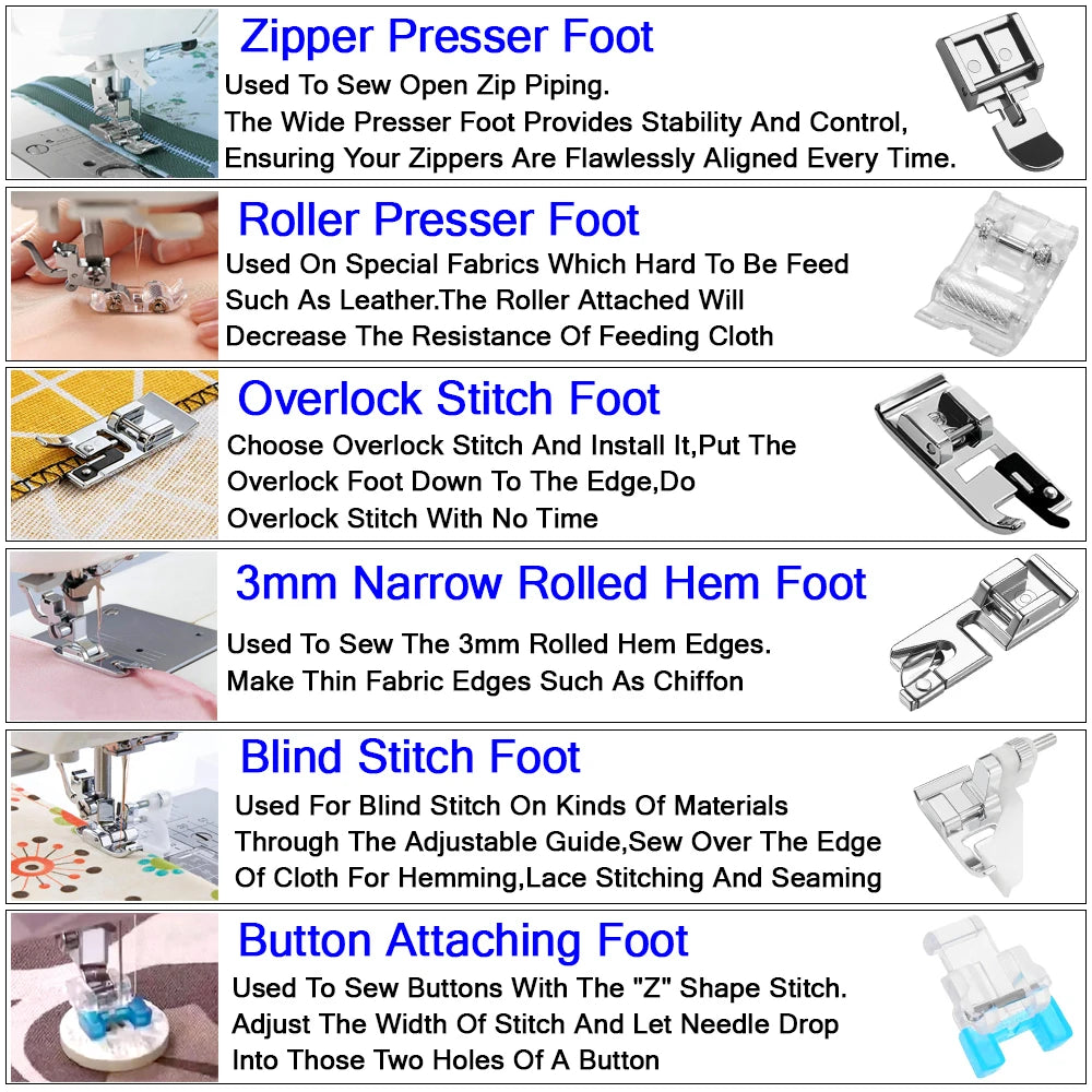 A set of various presser feet including Zipper, Roller, Overlock Stitch, Narrow Rolled Hem, Blind Stitch, and Button Attachin