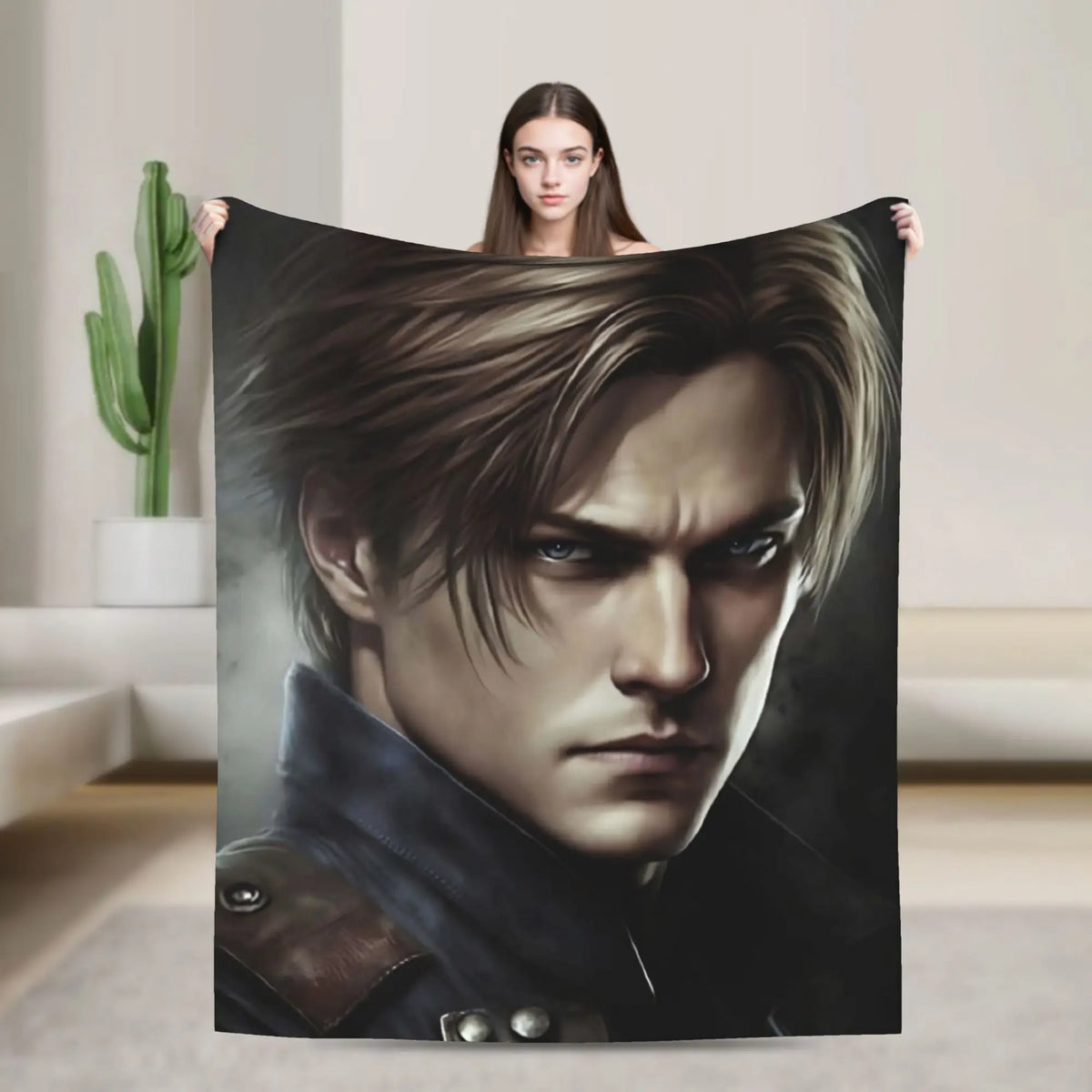 A dramatic portrait of a man with long hair wearing a dark coat, displayed as a graphic throw blanket.