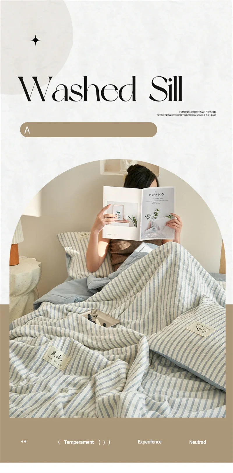 A striped luxury quilt is draped over a bed, with a book titled Passion resting on the fabric.