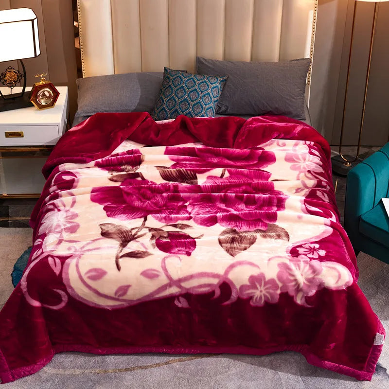 A plush mink fleece king size blanket featuring a vibrant pink and white rose and peony floral pattern.