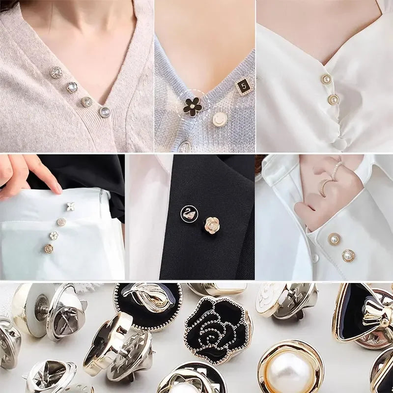 Close-up of instant removable pearl brooch buttons on white and black fabric.