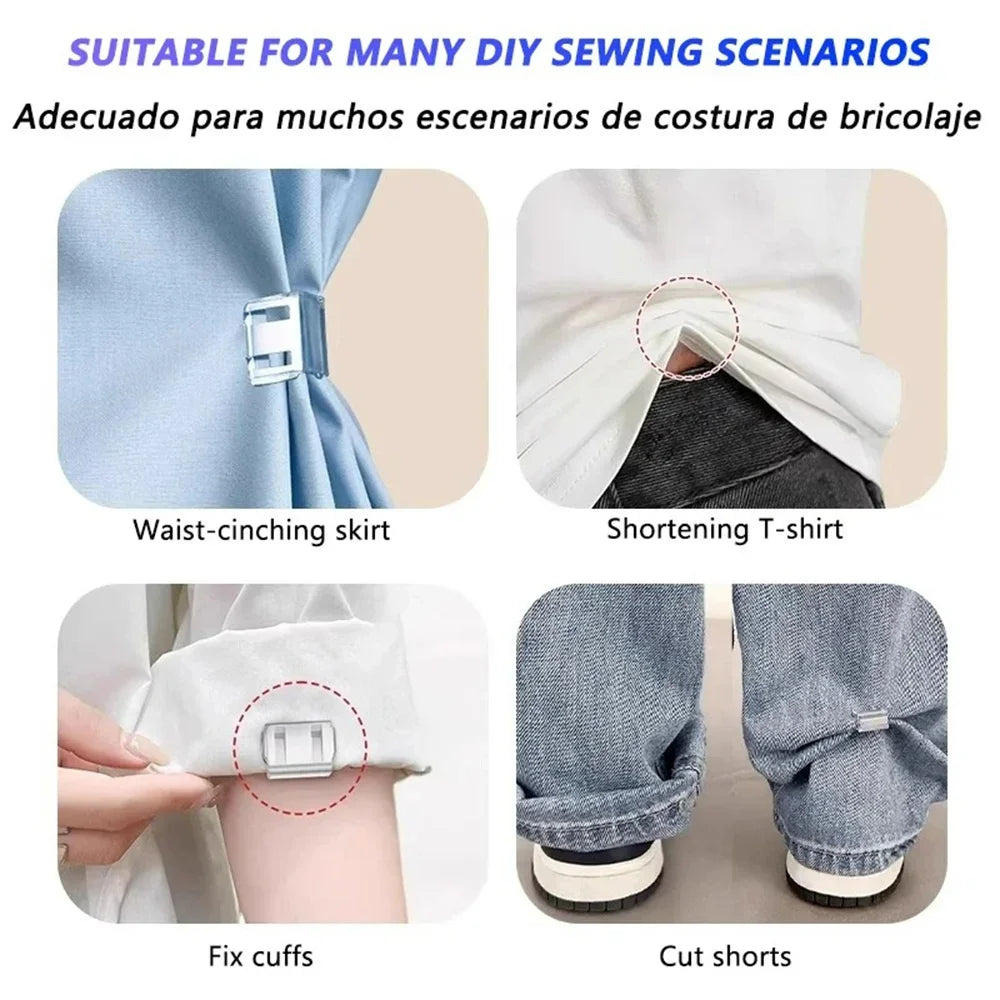 Invisible pant hem clips used for various DIY sewing scenarios like waist-cinching skirts, shortening t-shirts, fixing cuffs,