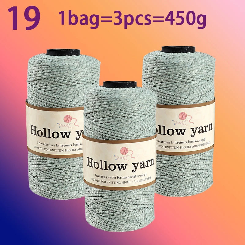 Three spools of Hollow yarn, each containing 19 skeins, totaling 450g for knitting and crochet.