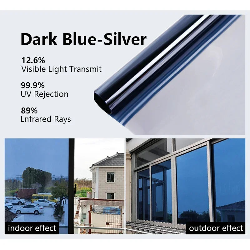 Dark Blue-Silver one-way privacy window film showing indoor and outdoor effects