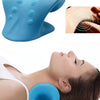 A blue cervical massage pillow is shown being used for neck and shoulder relief.