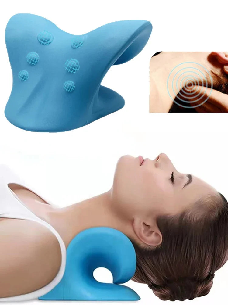 A blue cervical massage pillow is shown being used for neck and shoulder relief.
