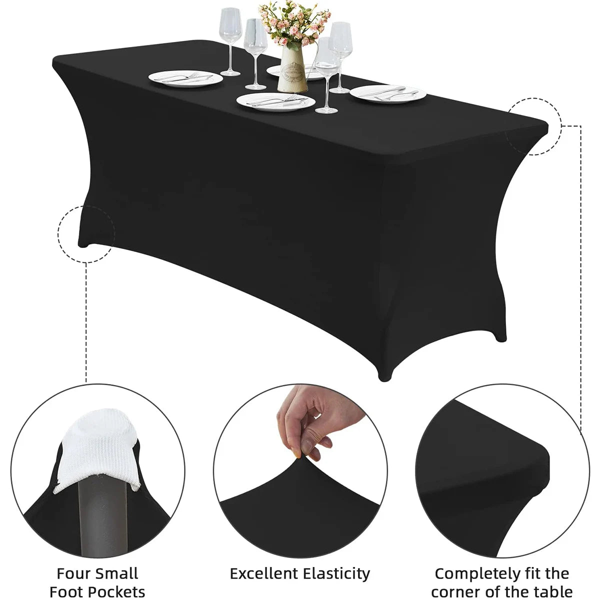 Black stretch tablecloth set with four small foot pockets and excellent elasticity for dining and event decor