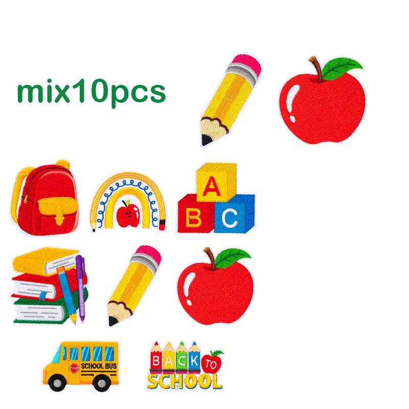 A set of 10 decorative iron-on patches featuring an apple, a pencil, and school bus designs.