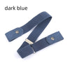 A dark blue invisible stretch belt for pants and dresses with a silver buckle.