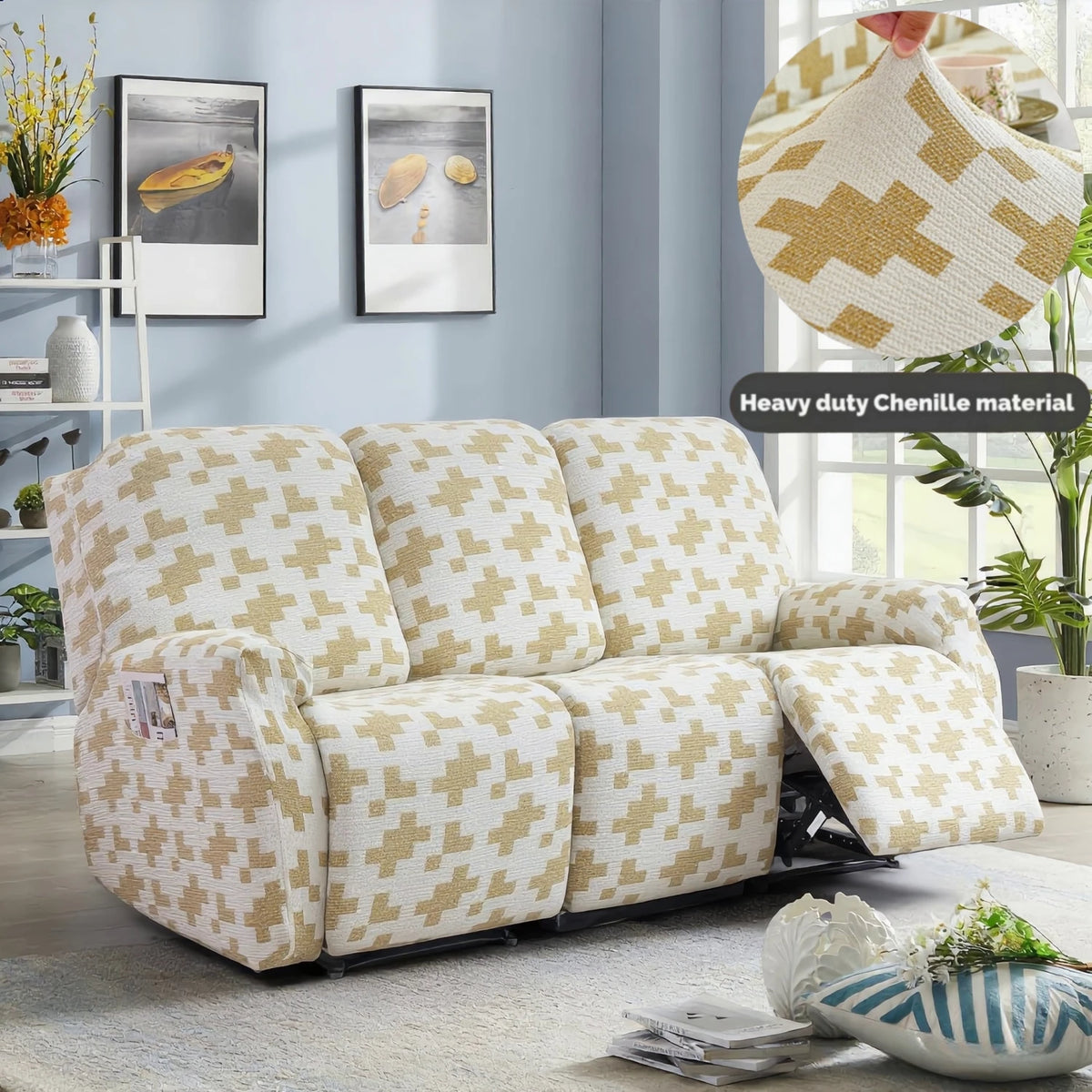 A beige chenille recliner sofa slipcover with a geometric pattern displayed in a living room setting.