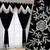Black and white French style dual layer embroidered window curtain with decorative fringe