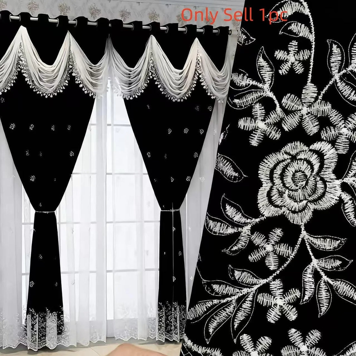 Black and white French style dual layer embroidered window curtain with decorative fringe