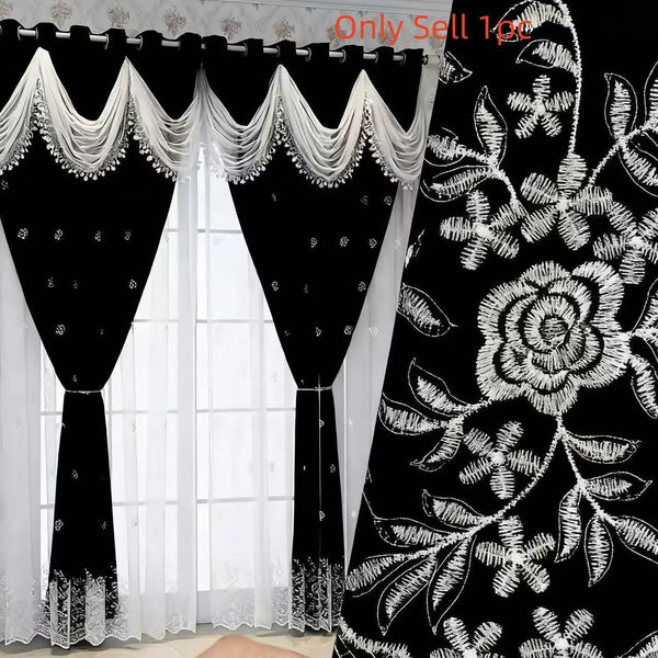 Black and white French style dual layer embroidered window curtain with decorative fringe