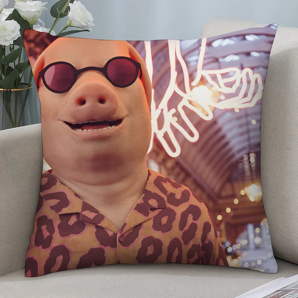 A decorative throw pillow featuring a cartoon pig character wearing sunglasses and a leopard print shirt.