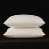 Two white natural goose down and feather sleeping pillows resting on a dark surface.