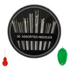 A circular black label showing 30 assorted stainless steel embroidery sewing needles and a green cap.