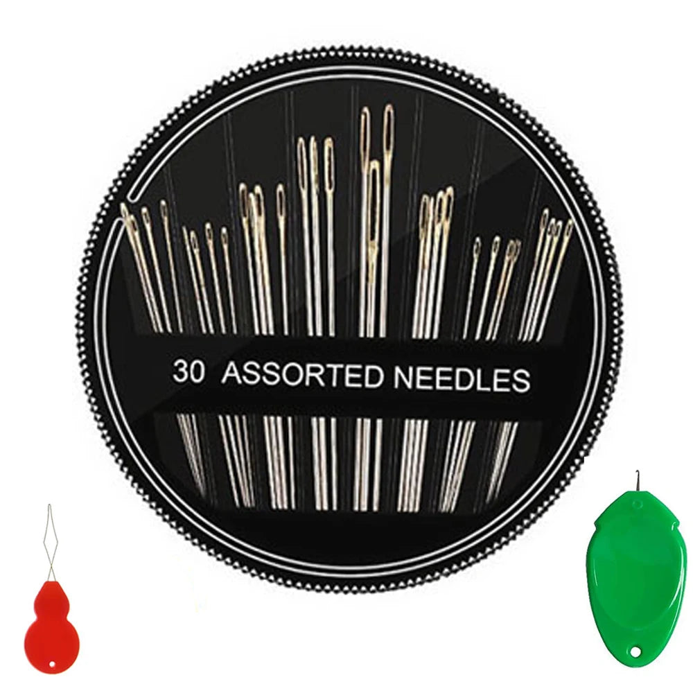 A circular black label showing 30 assorted stainless steel embroidery sewing needles and a green cap.