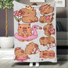 A plush flannel blanket featuring a cartoon print of cute brown bears and a pink flamingo.