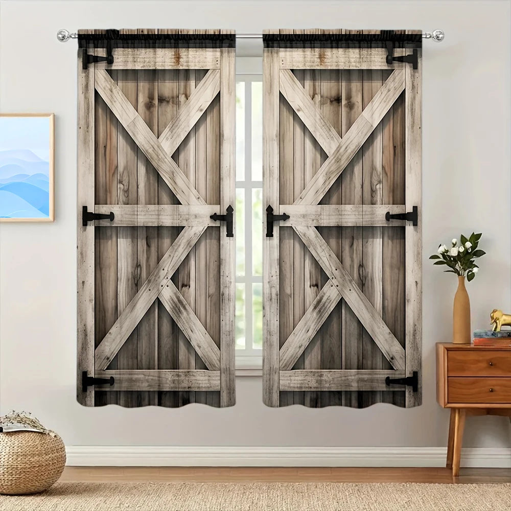A pair of rustic gray wood plantation shutters with a rod pocket hanging on a white wall.