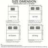 Size dimension chart showing measurements for US Twin, Full, Queen, and King bed sizes without pillow core or comforter