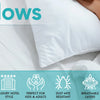 A close-up of a white pillow on a bed, with icons highlighting hypoallergenic, luxury hotel style, kid/adult friendly, dust m