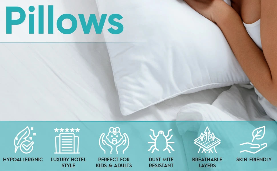 A close-up of a white pillow on a bed, with icons highlighting hypoallergenic, luxury hotel style, kid/adult friendly, dust m