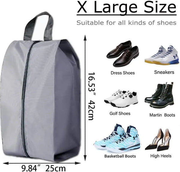 A gray foldable shoe and travel organizer bag showing various types of shoes like dress shoes, sneakers, golf shoes, boots, a