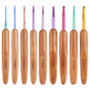 A set of six bamboo knitting and crochet needles in various sizes and colors.
