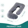 Gray ergonomic J-shaped maternity pillow shown from the side with dimensions provided.
