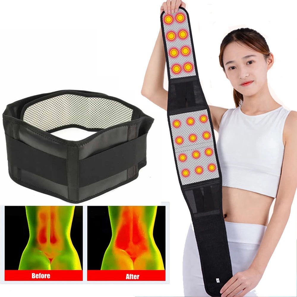 A woman demonstrates a magnetic therapy waist belt for lumbar support, showing before and after results.