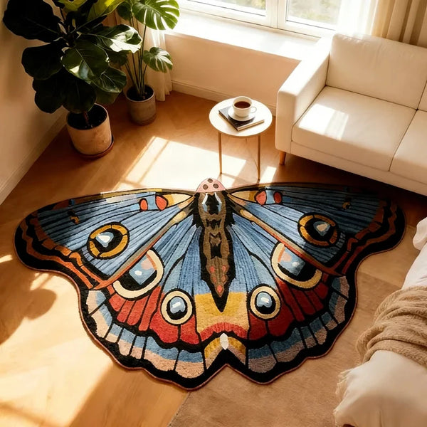 Irregular shaped plush floor rug with blue and orange butterfly pattern on a wooden floor.