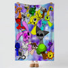 A colorful flannel blanket featuring cartoon characters from Incredibox