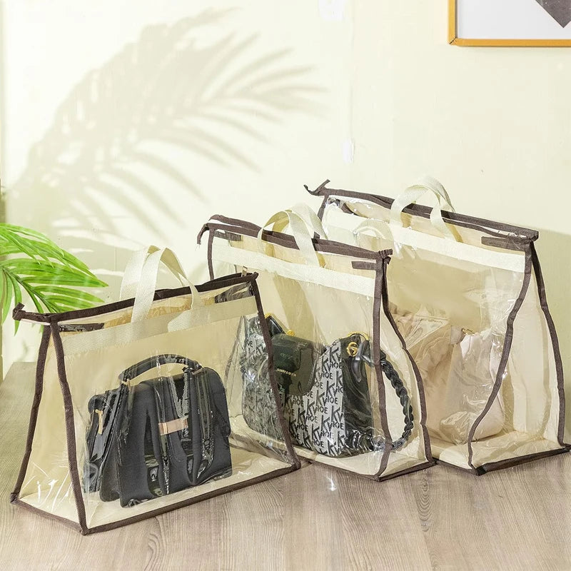 A set of natural canvas storage bags designed to protect and store handbags.