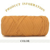 A skein of thick, golden brown polyester blended yarn is shown rolled up for crafting.