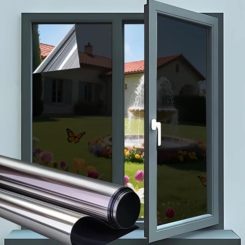 A reflective mirror window film is shown installed in a window frame, demonstrating its application for privacy and heat redu