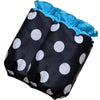 Black fabric apron with white polka dots and light blue ruffled trim and pockets