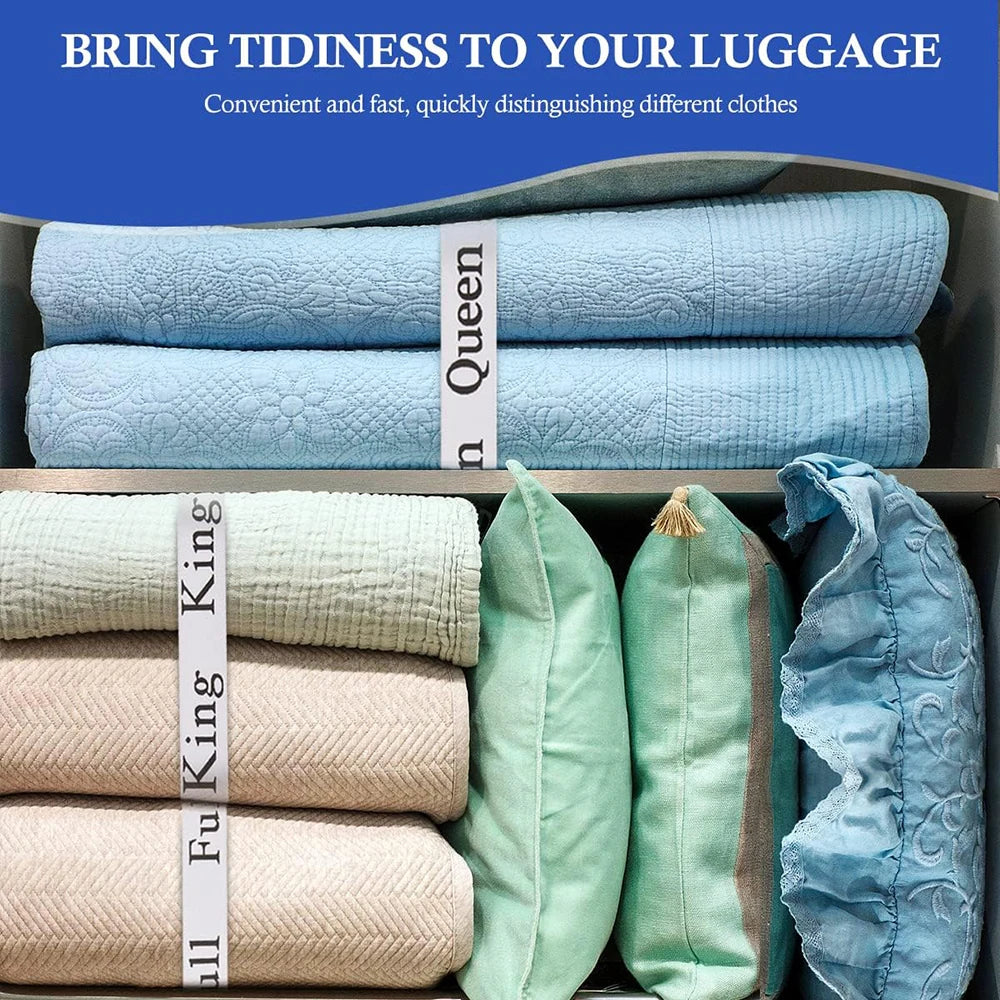 A box of elastic bed sheet organizers with size labels, including Queen and Full King sizes.