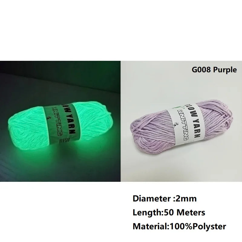 Purple glow-in-the-dark yarn for knitting and crochet with a 2mm diameter and 50 meters length