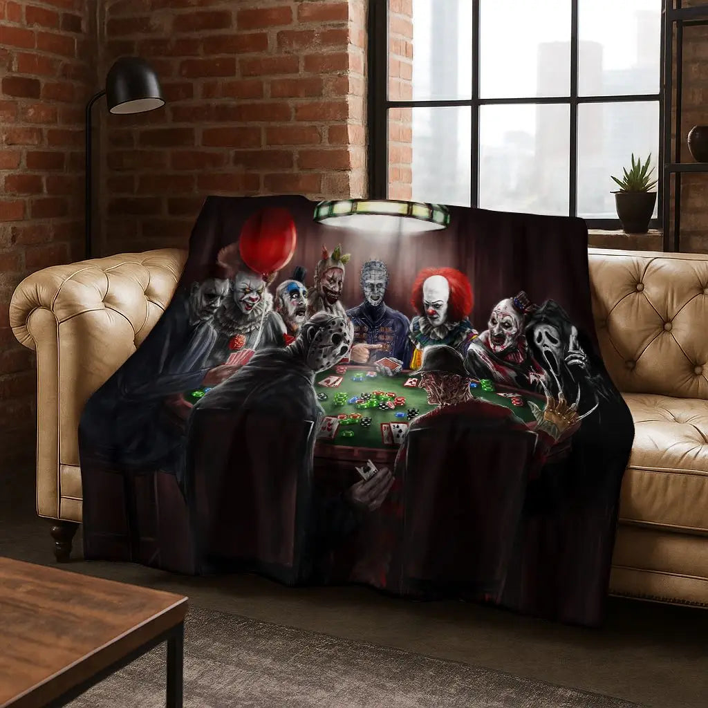 A dark flannel throw blanket featuring various horror characters and figures.