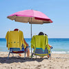 Two people relaxing on a beach with yellow and lime green umbrellas and chairs.